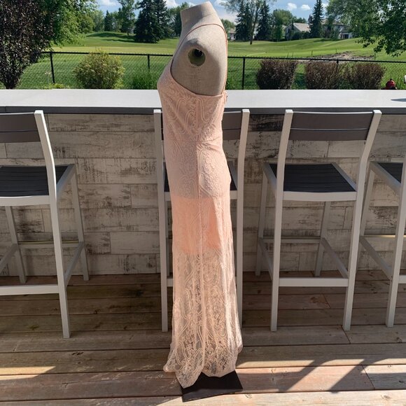 Vintage Hand Sewn Peach Sheer Lace Maxi Dress Long Gown - Picture 9 of 16